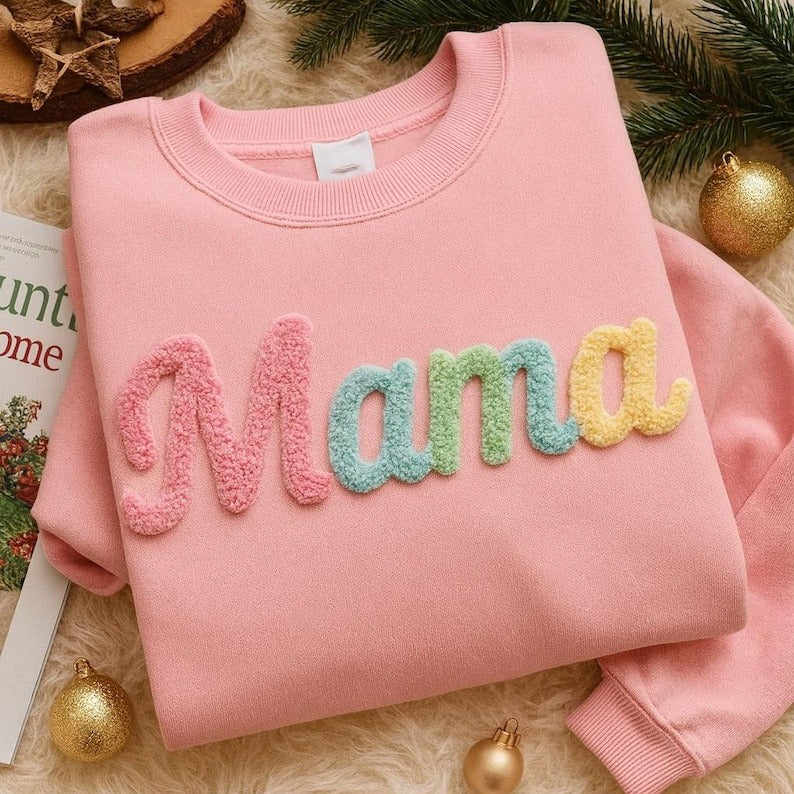 MIMI Chenille Yarn EMBROIDERED Sweatshirt, Custom Yarn Sweatshirt, Merry chenille Yarn Sweatshirt, Gift For Mimi, Gigi, Mama