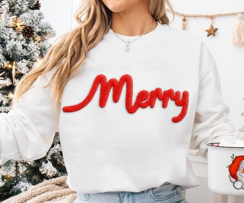 Merry Chenille Yarn Embroidered Sweatshirt, Christian Embroidery TShirt, Holiday Xmas Giftss, Merry Christmas Tee