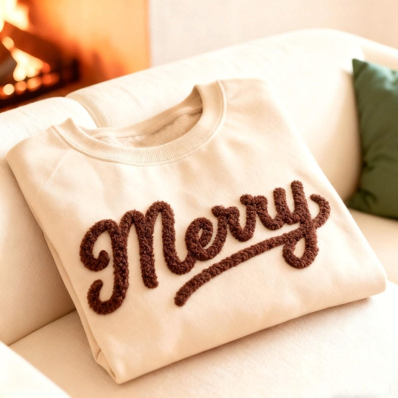 Merry Christmas Chenille Yarn Embroidered Sweatshirt, Christian Embroidery Shirt, Holiday Xmas Gifts
