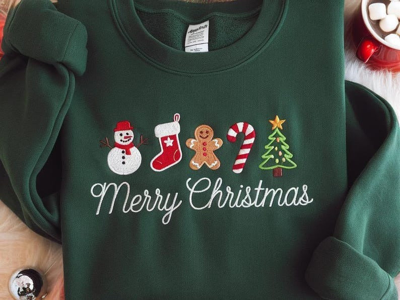 Merry Christmas Embroidered Sweatshirt, Embroidered Gingerbread Sweatshirt, Snowman Xmas Tree Shirt, Christmas Sweater, Christmas Vibe Shirt