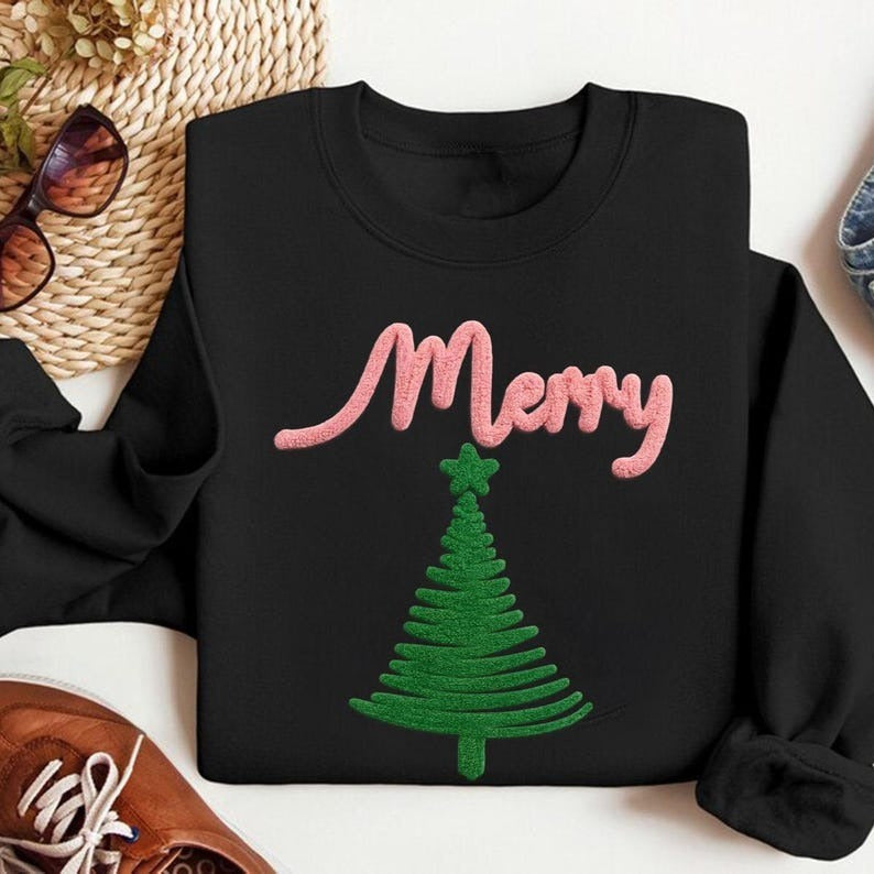 Merry Christmas Tree Chenille Yarn Embroidered Sweatshirt, Christian Embroidery TShirt, Holiday Xmas Gifts
