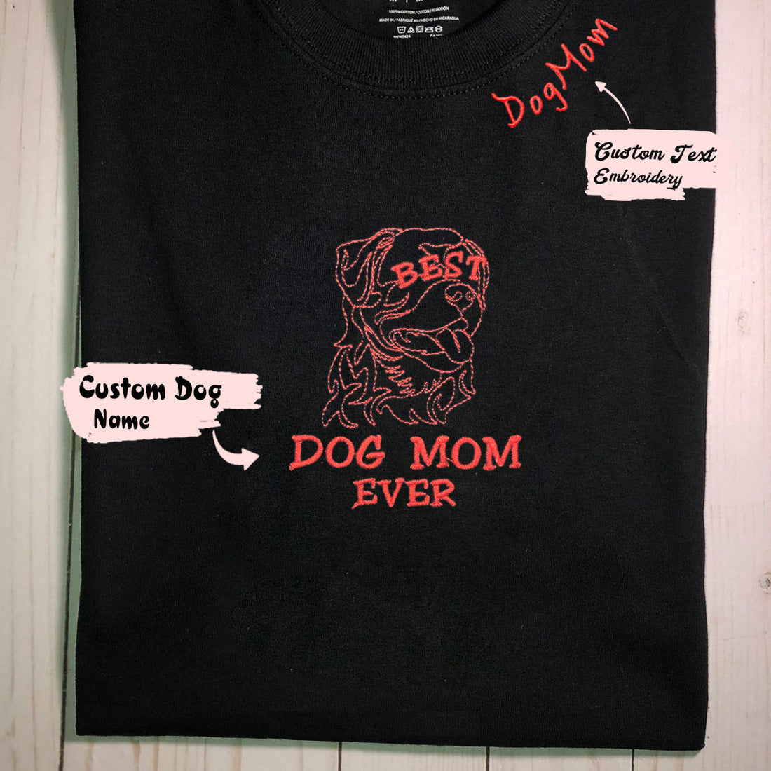 Personalized Best Dog Mom Ever T-Shirt with Dog Name Embroidered Collar, Gift Idea for Dog Mom