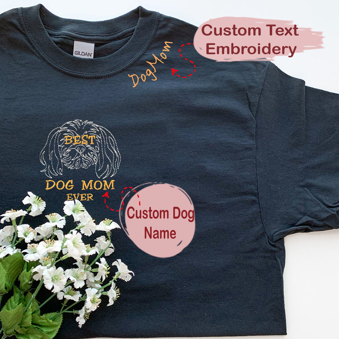 Personalized Best Shih Tzu Dog Mom Ever Shirt Embroidered Collar, Custom Shirt with Dog Name, Best Gifts For Shih Tzu Lovers