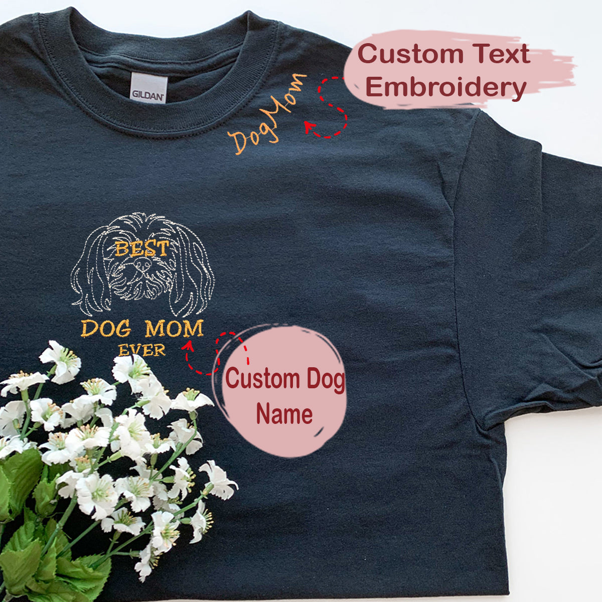 Personalized Best Shih Tzu Dog Mom Ever Shirt Embroidered Collar, Custom Shirt with Dog Name, Best Gifts For Shih Tzu Lovers