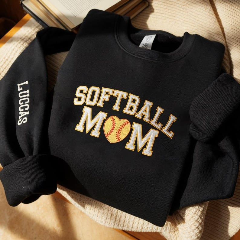 Personalized Softball Mom with Kids Name On Sleeve Embroidered Sweatshirt, Mom Shirt, Solfball Mom Sweatshirt, Gameday Cheer Mom Sweatshirt