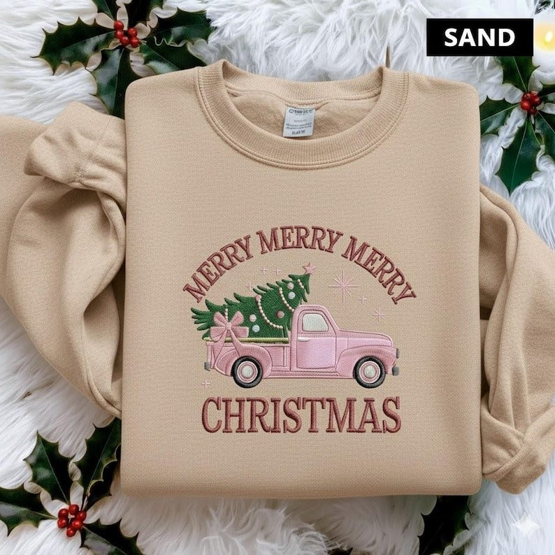 Pink Retro Merry Christmas Truck Embroidered Sweatshirt, Coquette Christmas Tree Shirt, Cute Holiday Sweater, Vintage Christmas Sweatshirt