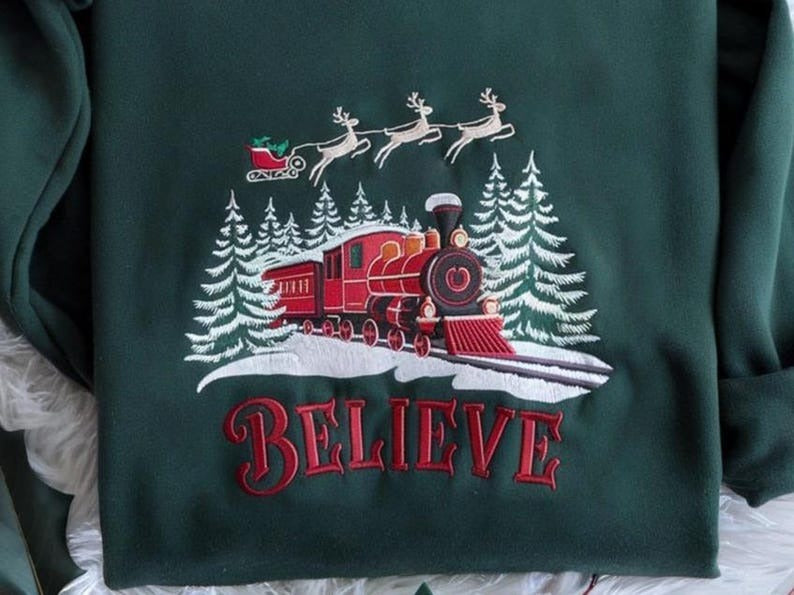 Polar Express Embroidered Sweatshirt, Christmas Sweatshirt, Christmas Believe Sweater, Merry Christmas, All Aboard Polar Express Sweatshirt