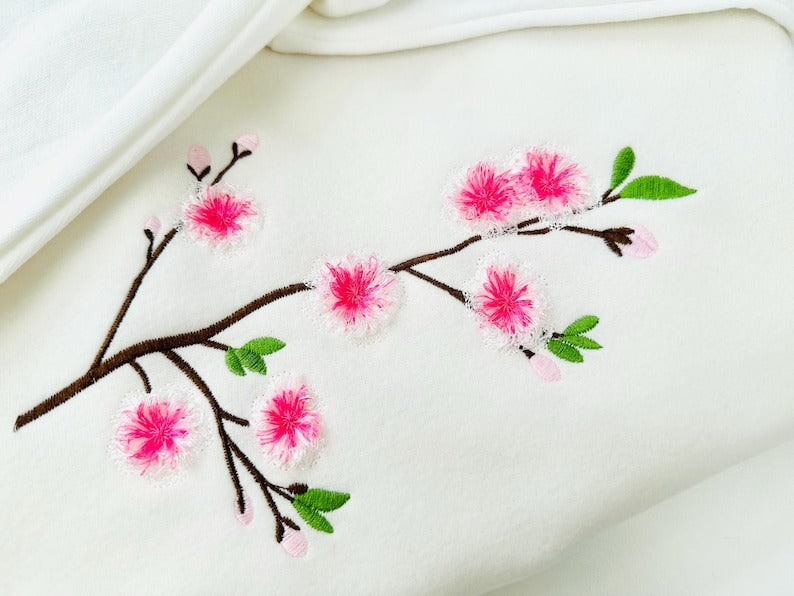 Sakura Branch Cherry Blossom Flower Fluffy Embroidered Sweatshirt, Fringe Embroidered Sweatshirt, Embroidered Sweatshirt