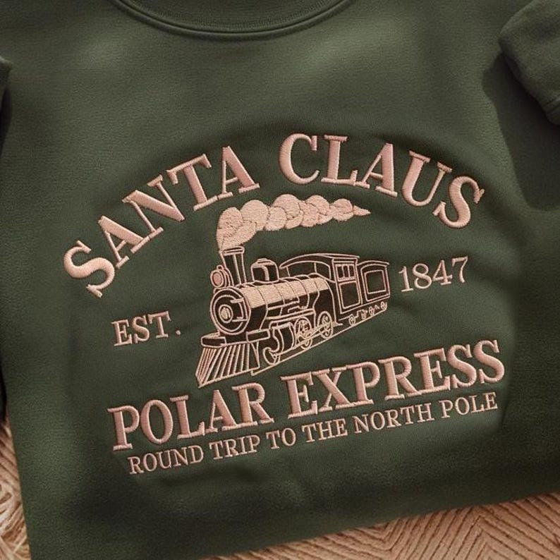 Santa Claus Polar Express Embroidered Sweatshirt, Vintage Holiday Sweatshirt, Christmas Gift Ideas, Party Sweatshirt, Christmas Sweatshirt