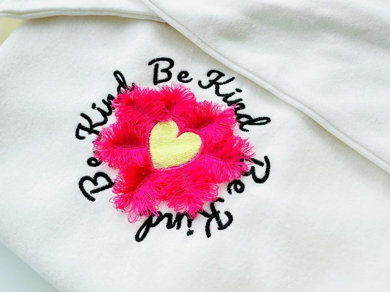 Saying Be Kind with Fluffy Heart Daisy Fluffy Embroidered Sweatshirt, Fringe Embroidered Sweatshirt, Embroidered Sweatshirt
