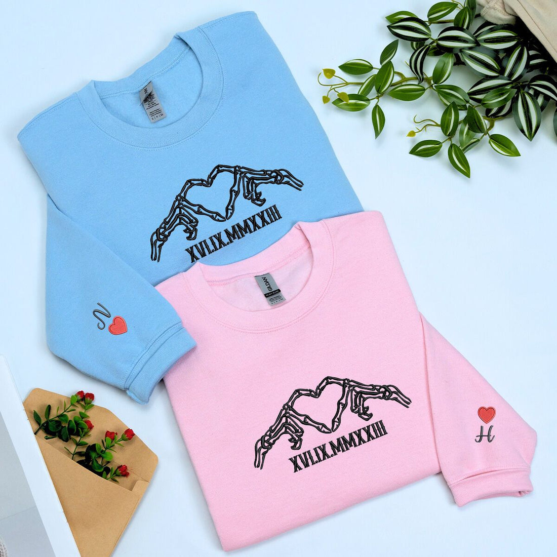 Custom Embroidered Skeleton Heart Roman Numeral Matching Sweatshirt or Hoodie