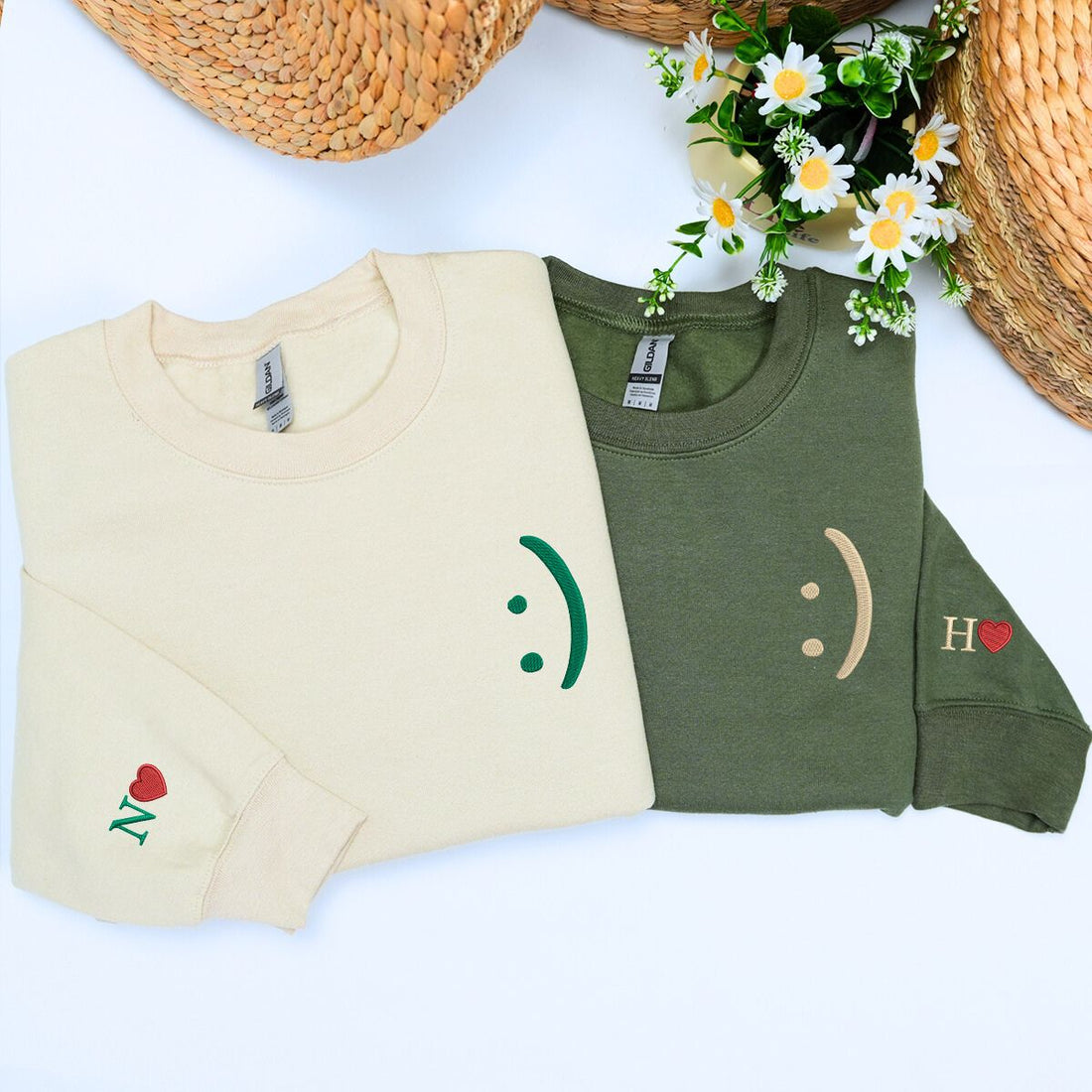 Custom Embroidered  Smile Face Matching Sweatshirt or Hoodie