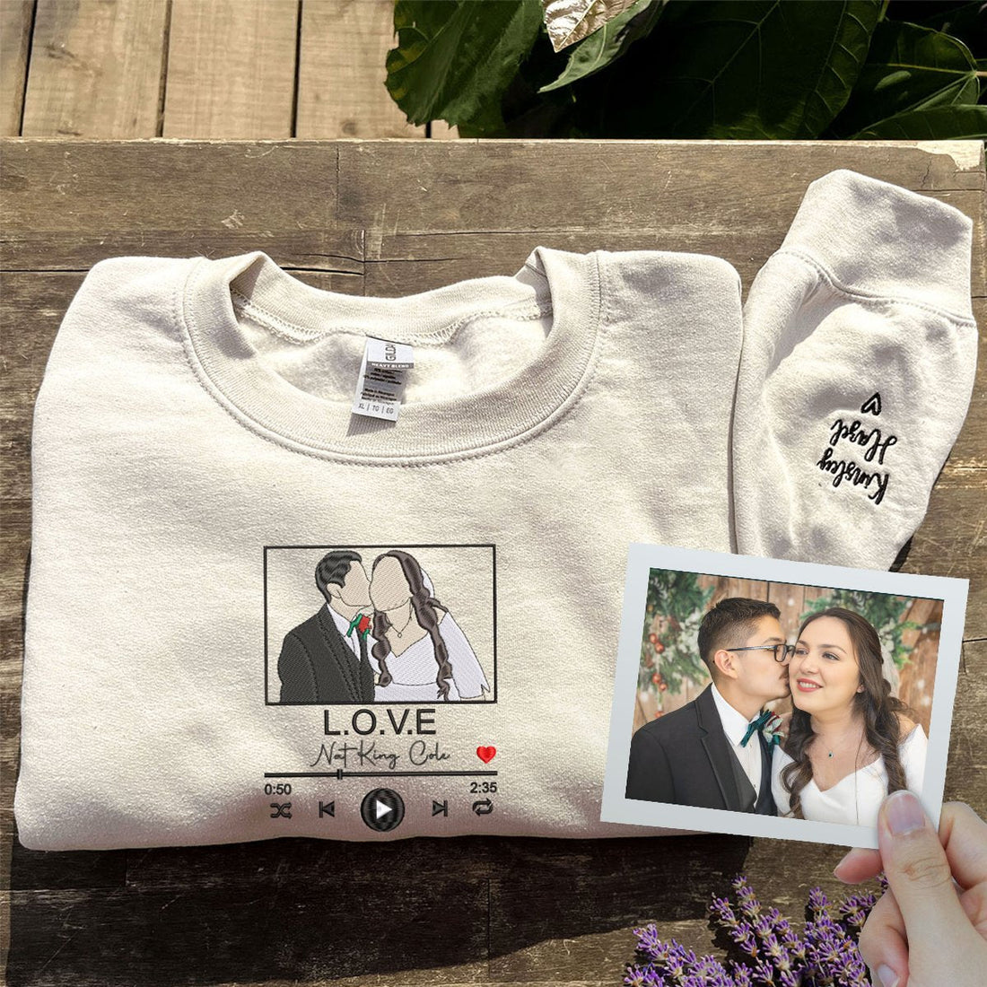 Gift for Newly Married Couple with Photo Portrait Sweatshirt Embroidered, Initial Heart on sleeve