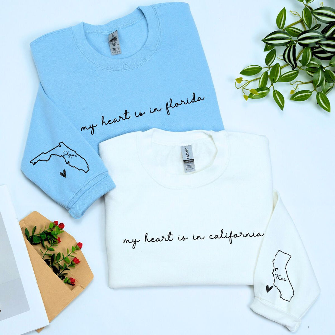 Custom Embroidered State Long Distance with Name on Sleeve Matching Couple Sweatshirt or Hoodie