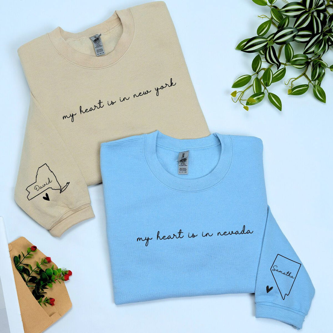 Custom Embroidered State Long Distance with Name on Sleeve Matching Couple Sweatshirt or Hoodie