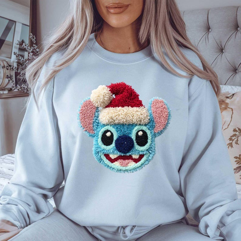 Stitch Christmas Latch Hook Yarn Faux Art Shirt, Disney Crochet Style Holiday Tee, Fluffy Stitch Embroidery Look Sweatshirt, Cozy Xmas Gift