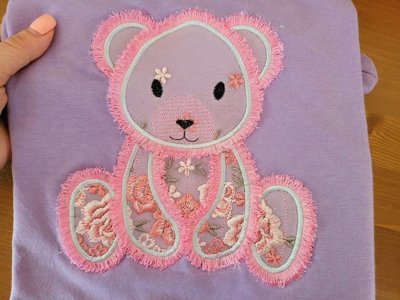 Teddy Bear Applique Fluffy Embroidered Sweatshirt, Fringe Embroidered Sweatshirt, Embroidered Sweatshirt