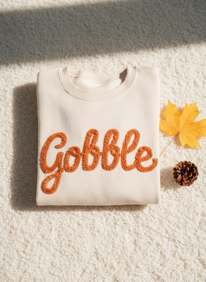 Thanksgiving Gobble Chenille Yarn Shirt, Turkey Family Sweater, Cozy Fall Crewneck, Autumn Outfit, Thanksgiving Shirt Gift, Gift For