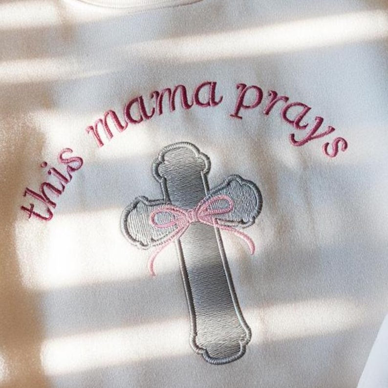 This Mama Prays Coquette Embroidered Sweatshirt, Christian Mama Shirt, Praying Mama Shirt, Mama Shirt, Mom Life Shirt, Bible Verse Mom Shirt