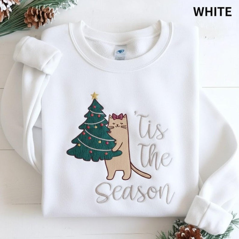 Tis The Season Cat Holding Christmas Tree Embroidered Sweatshirt, Christmas Cat Shirt, Merry Christmas, Tis the Season Shirt, Christmas Gift