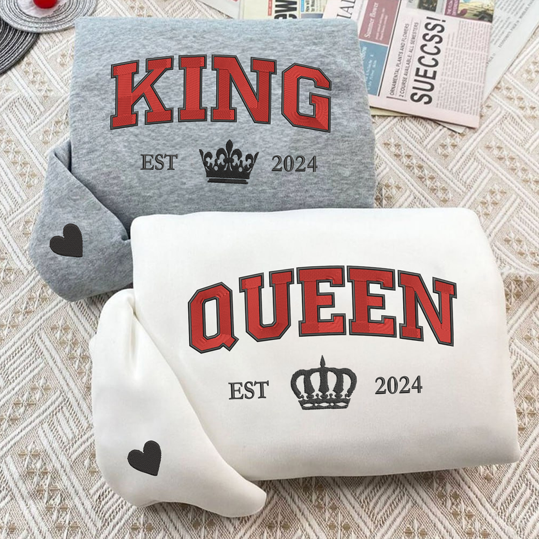 Custom Embroidered King and Queen Custom with Est Year Matching Hoodies for Couples