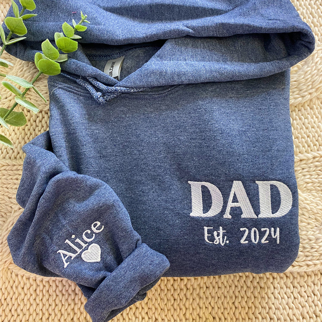 Dad Est Sweatshirt or Hoodie, Embroidered Gift for Dad with Kids Name on Sleeve