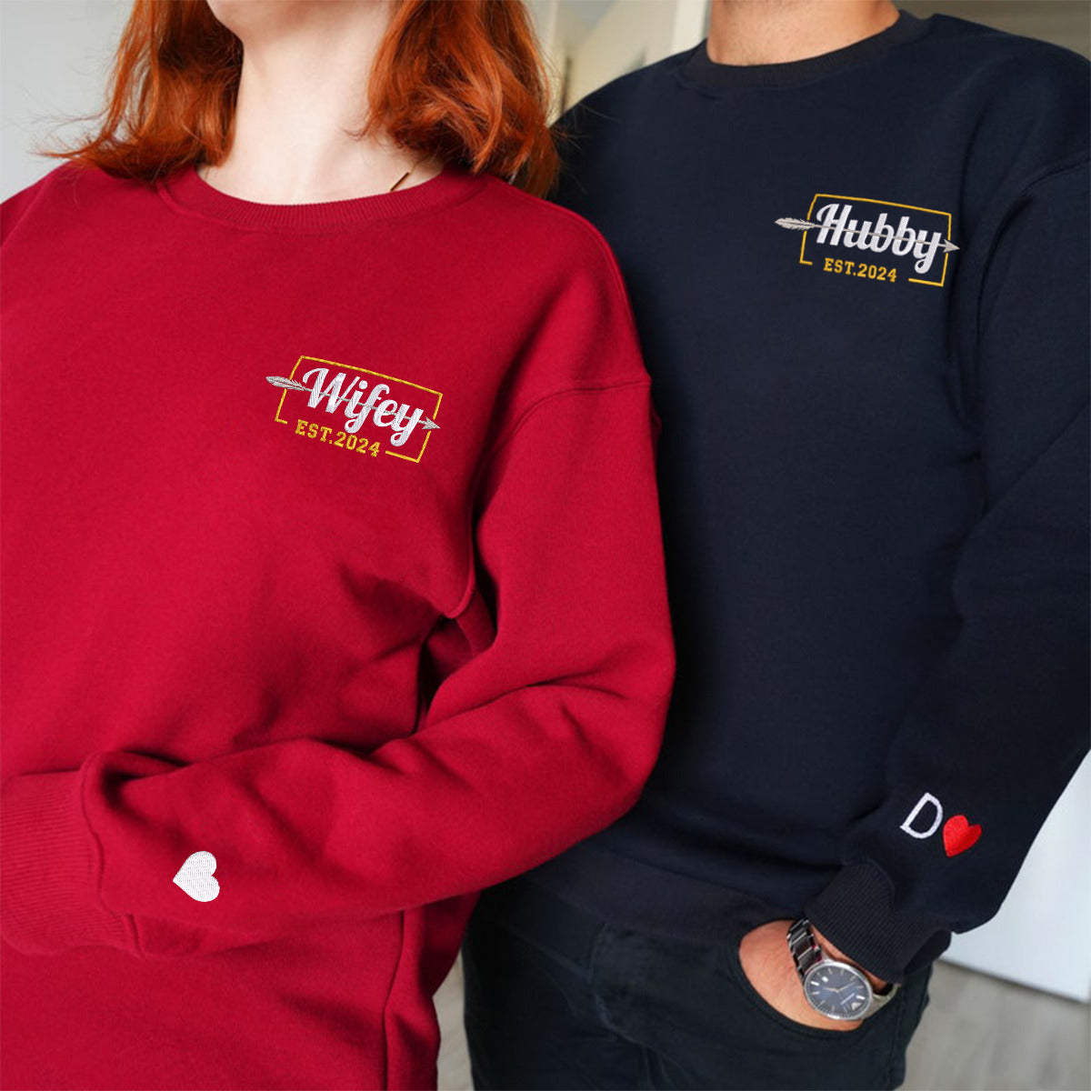 Custom Couple Matching Hubby and Wifey Embroidered Hoodie