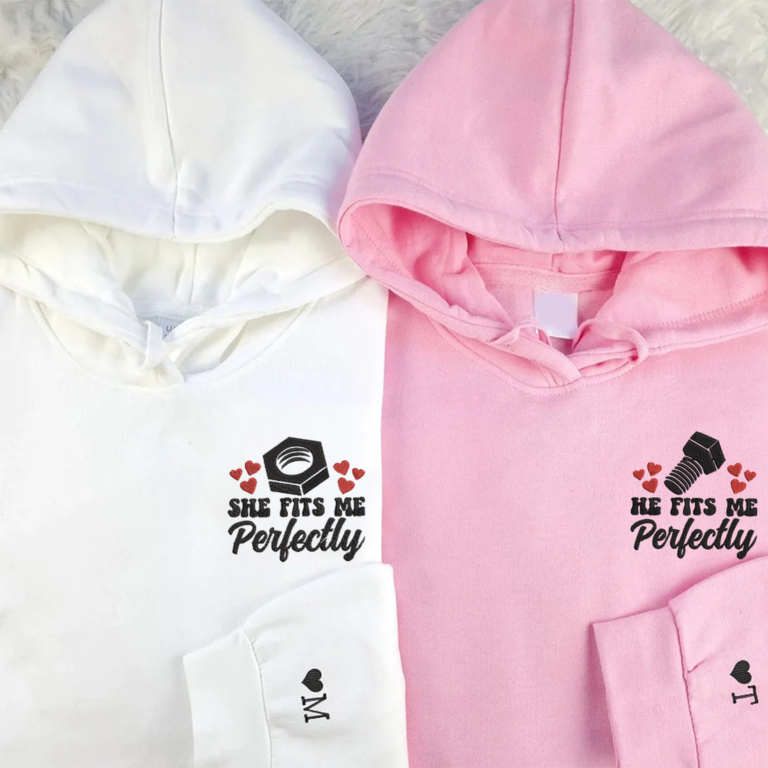 Personalized He Fits Me Perfectly Matching Embroidered Hoodies for Couple