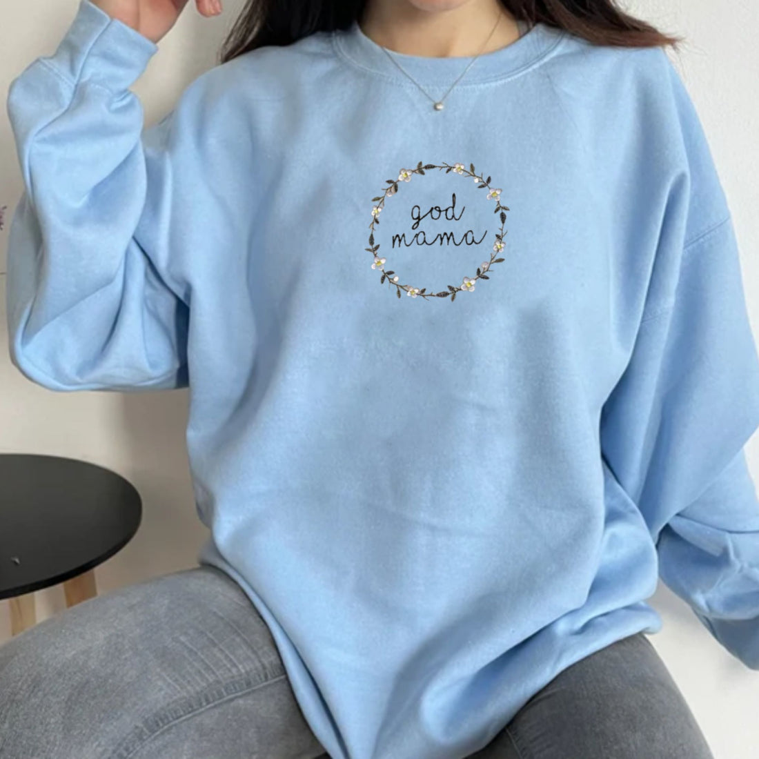 Custom God Mother Embroidery Sweatshirt, Personalized Crewneck On The Sleeve, Best Gift For Mother Day's