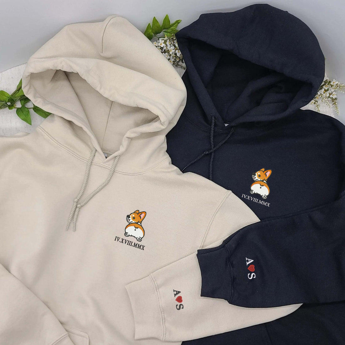 Custom Matching Couple Hoodie, Cartoon Embroidered Corgi Hoodie, Gift For Dog Mom Dog Dad