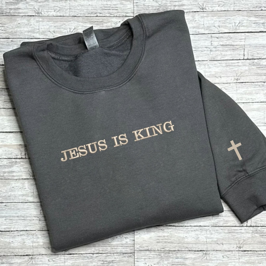 Cutsom Jesus Is King Sweatshirt With Cross on Sleeve, Christian Embroidered Hoodie, Religious Gifts for Her
