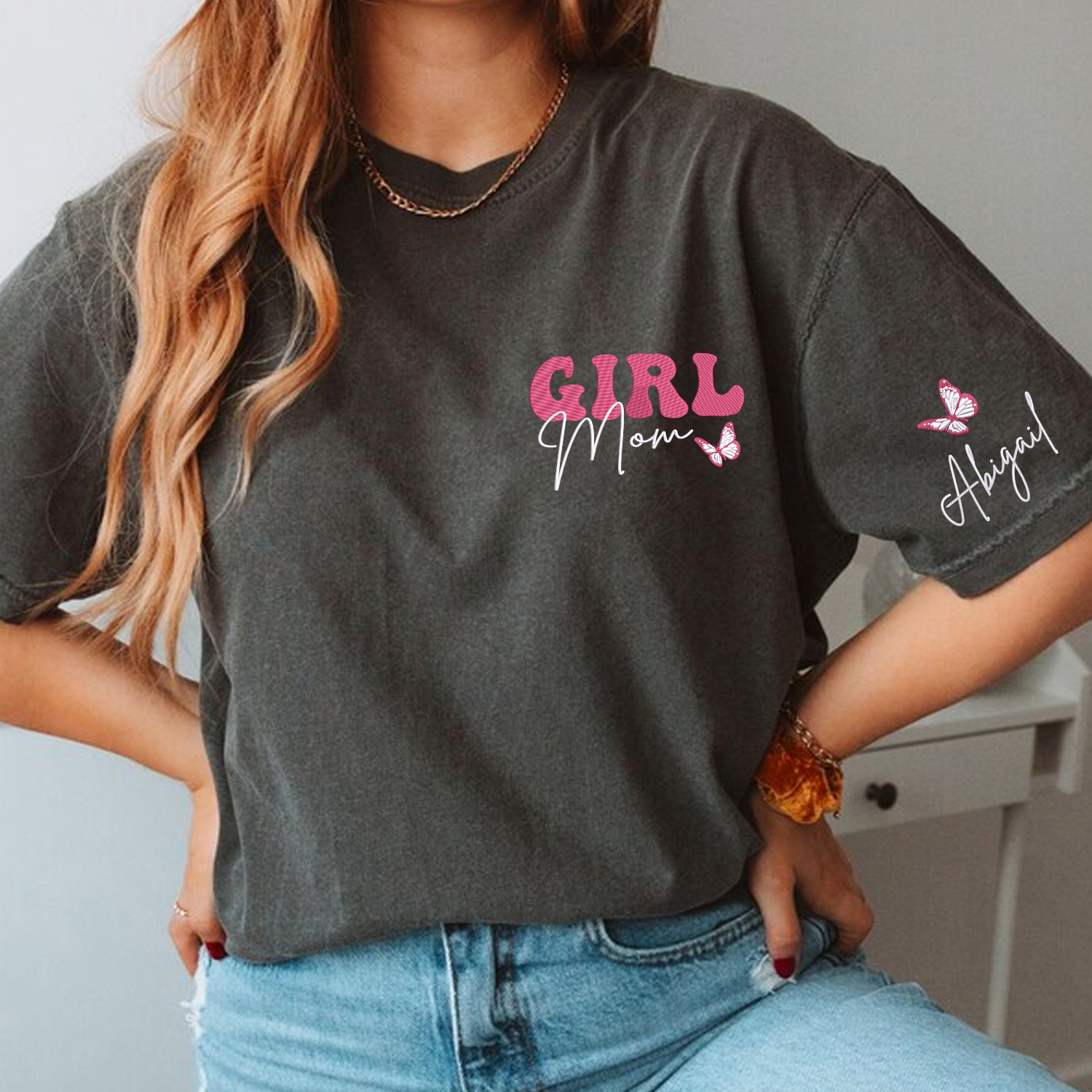 Comfort ColorÂ® Embroidered Girl Mom Shirt with Kids Name