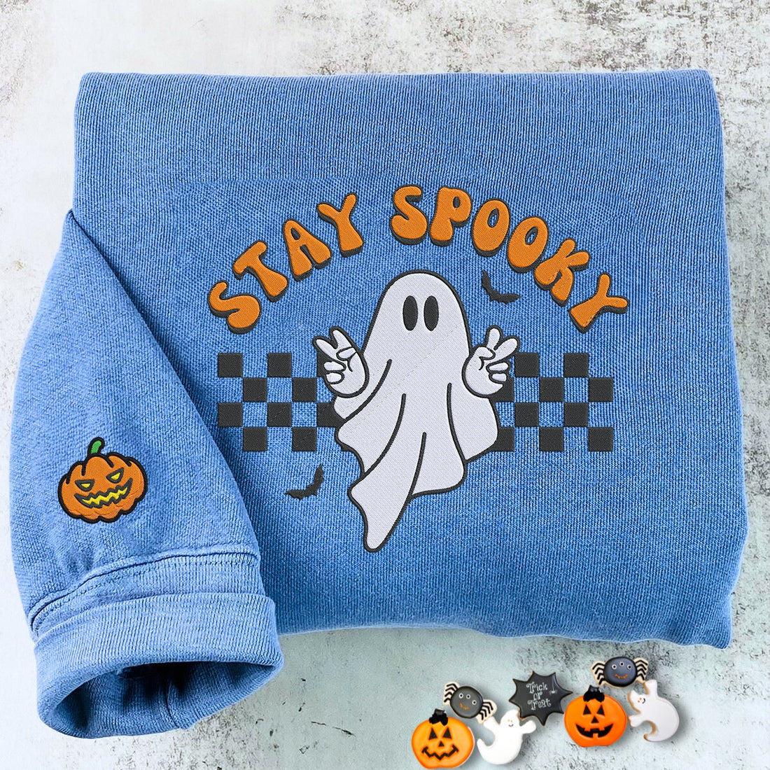 Comfort ColorÂ® Embroidered Ghost Stay Spooky Halloween T-Shirt or Sweatshirt