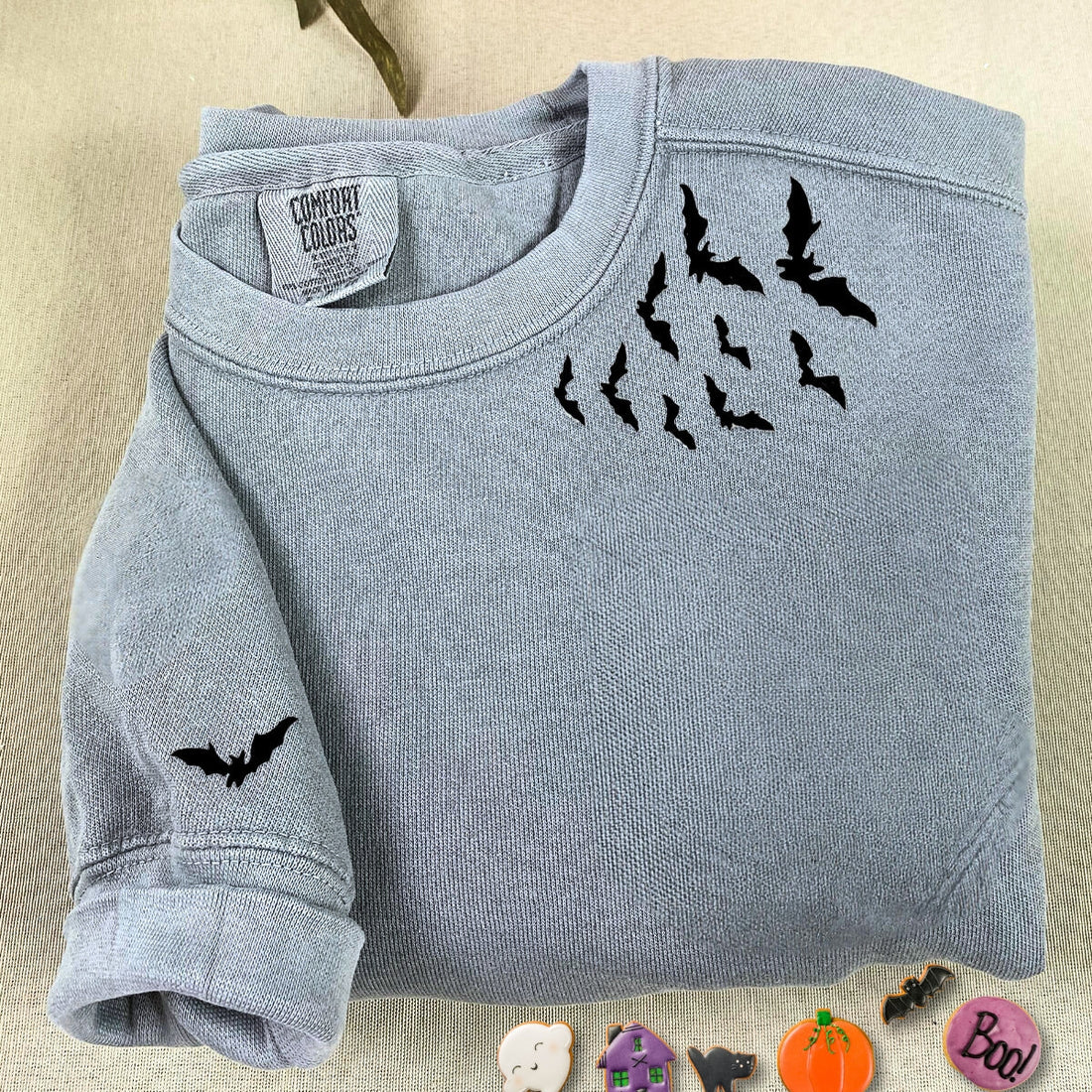 Comfort ColorÂ® Embroidered Bats on Neckline Halloween T-Shirt or Sweatshirt