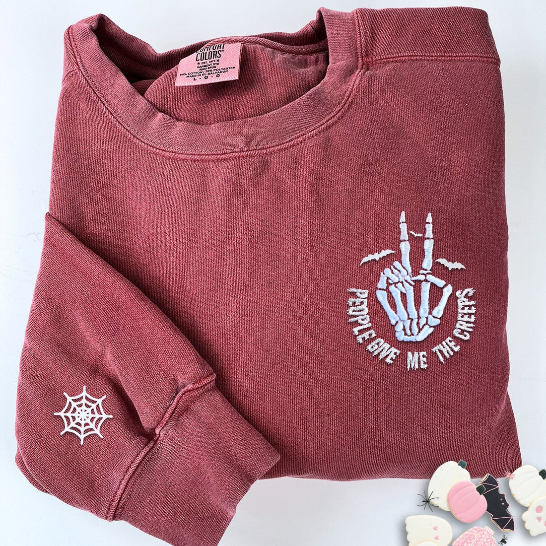Comfort ColorÂ® Embroidered Halloween People Give Me The Creeps Skeleton Hand T-Shirt or Sweatshirt