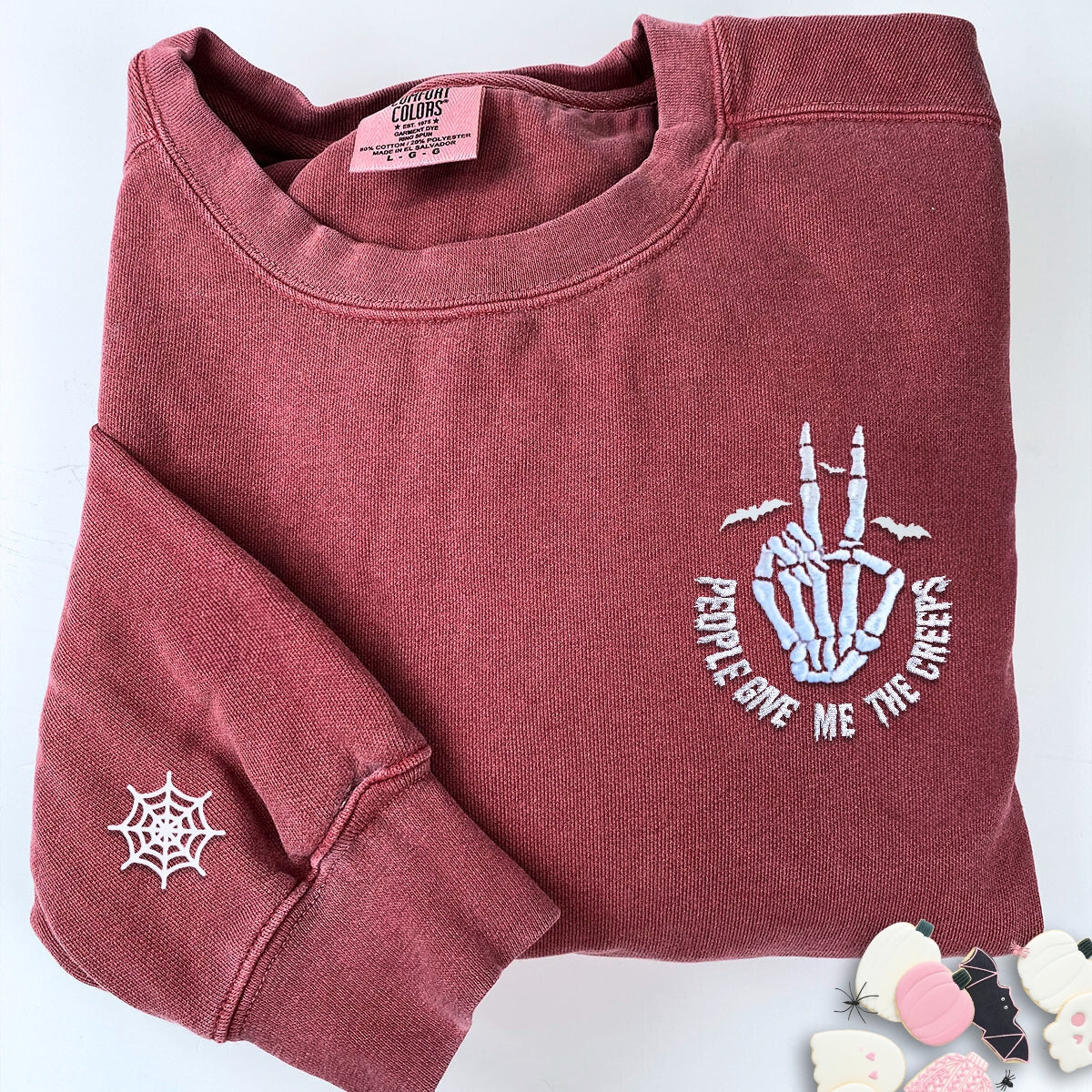 Comfort ColorÂ® Embroidered Halloween People Give Me The Creeps Skeleton Hand T-Shirt or Sweatshirt