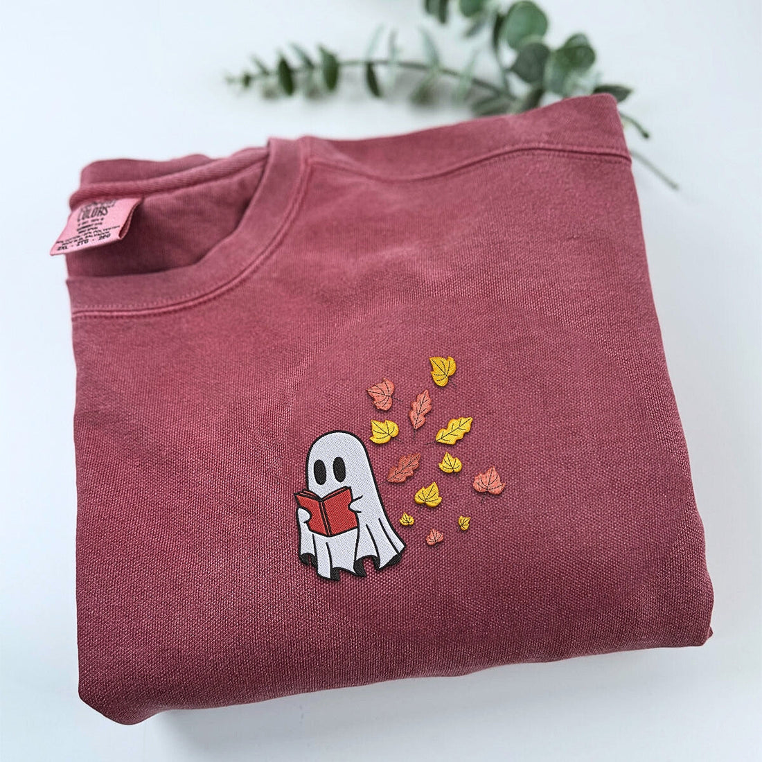 Comfort ColorÂ® Embroidered Halloween Ghost Book Lover T-Shirt or Sweatshirt