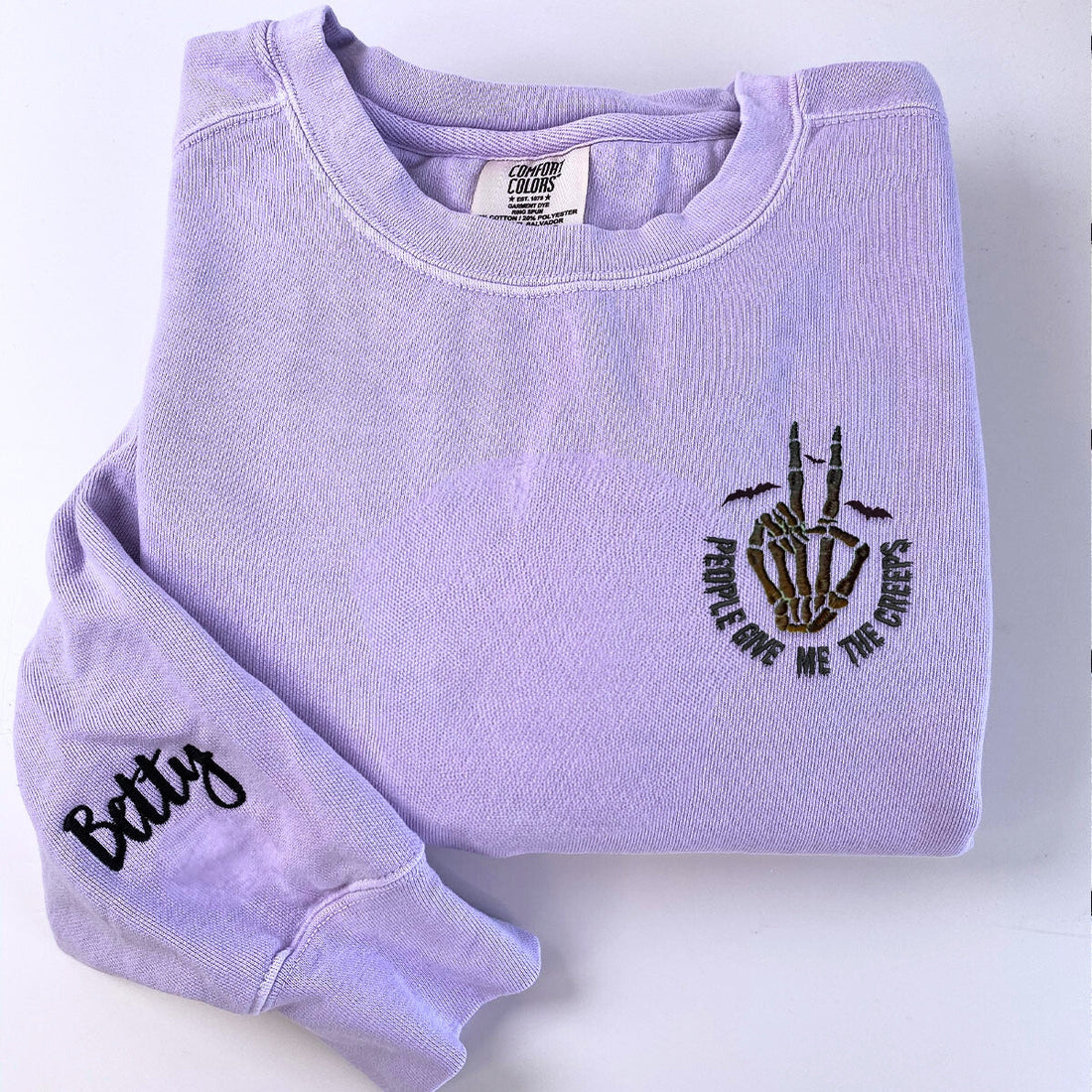 Comfort ColorÂ® Embroidered Halloween People Give Me The Creeps Skeleton Hand T-Shirt or Sweatshirt