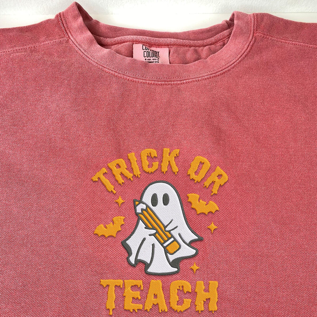 Comfort ColorÂ® Embroidered Trick or Teach Halloween T-Shirt or Sweatshirt