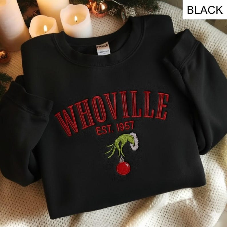 Whoville Christmas Merry Grinchmas Embroidered Sweatshirt,  Christmas Gifts for Friends, Funny Christmas Embroidered Sweatshirt