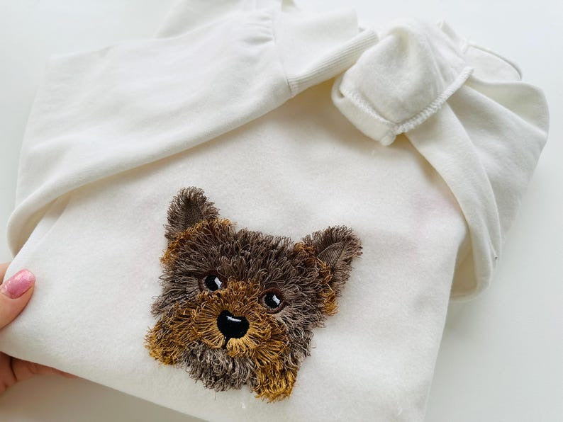 little Puppy Yorkshire Terrier face pet dog head Fluffy Embroidered Sweatshirt, Fringe Embroidered Sweatshirt, Embroidered Sweatshirt