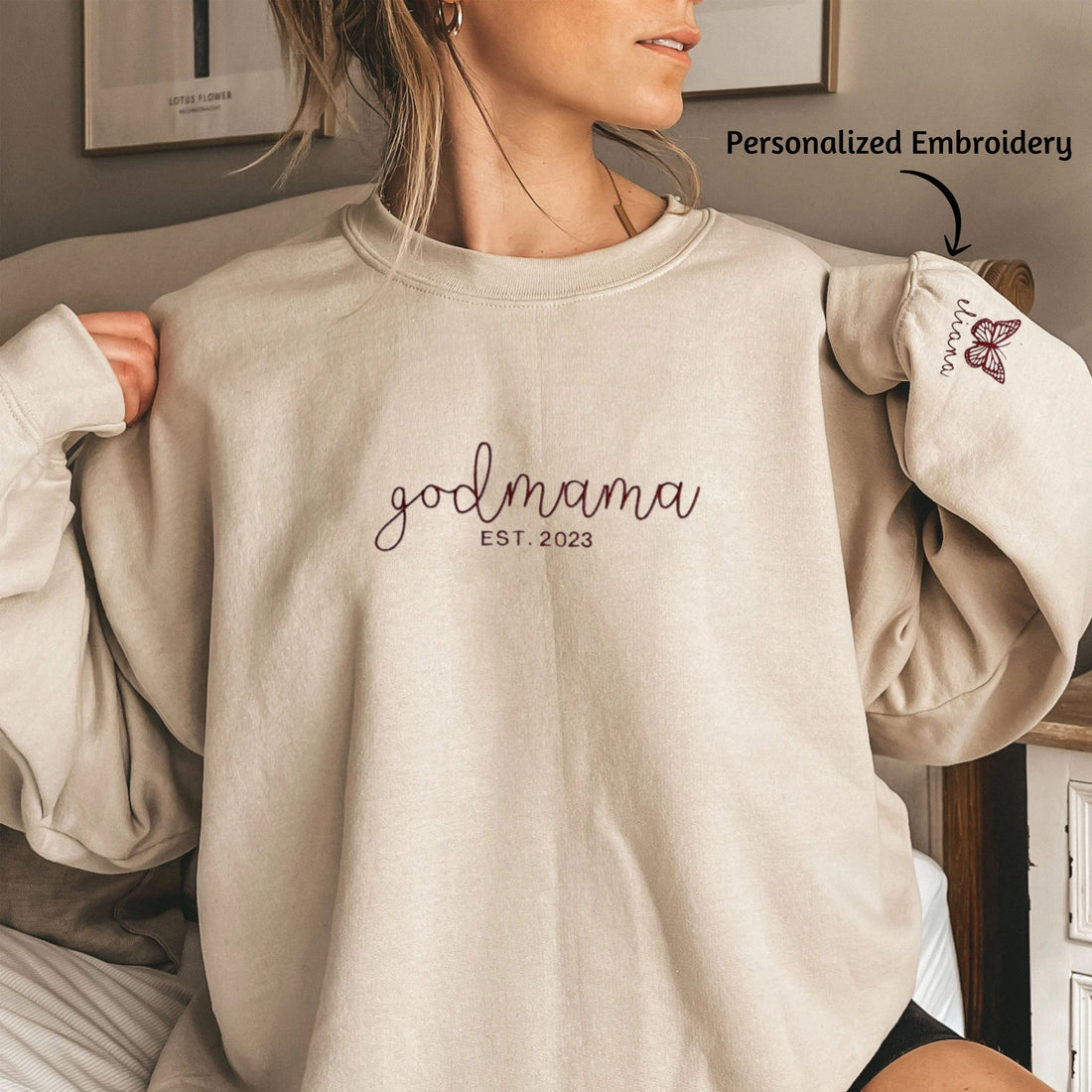Personalized God Mama EST Sweatshirt With Cutsom Initial On Sleeve, Fairy Godmother Gift