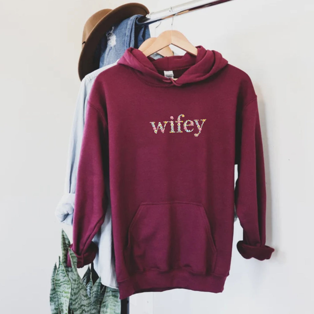 Wifey Hoodie Custom Text Embroidered with Day On Sleeve, Best Valentine Gift For Wife