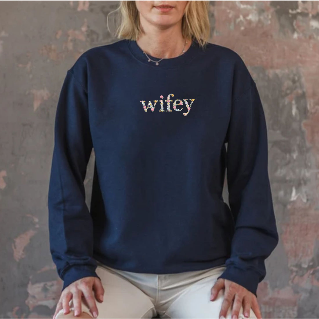 Wifey Sweatshirt Custom Text Embroidered with Day On Sleeve, Best Valentine Gift For Wife