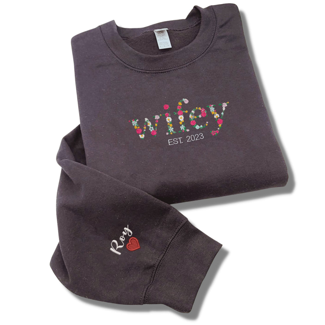 Wifey Sweatshirt, Custom Floral Wifey Sweater Est 2024 Embroidered with Initial Heart Sleeve