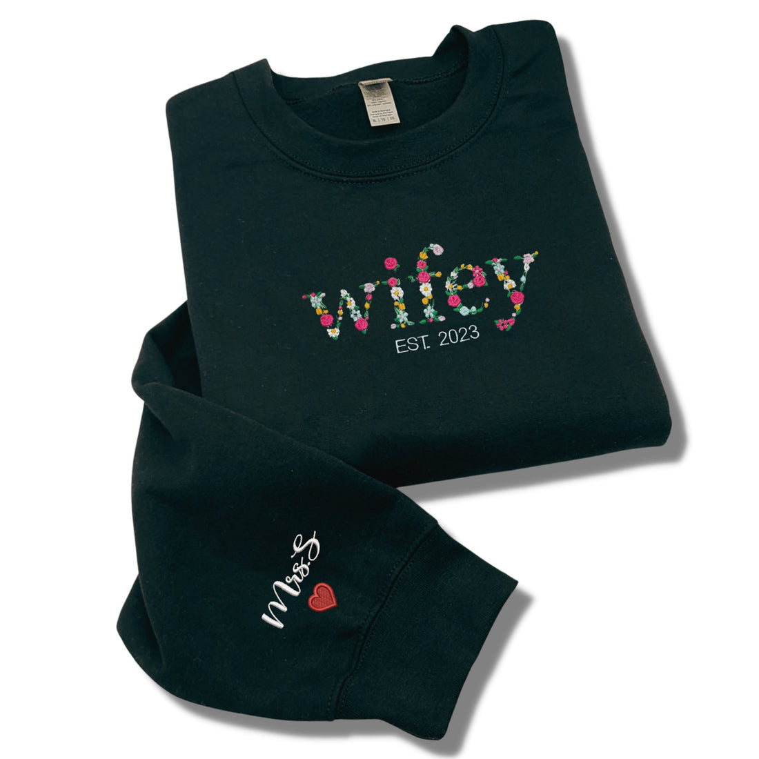 Wifey Sweatshirt, Custom Floral Wifey Sweater Est 2024 Embroidered with Initial Heart Sleeve